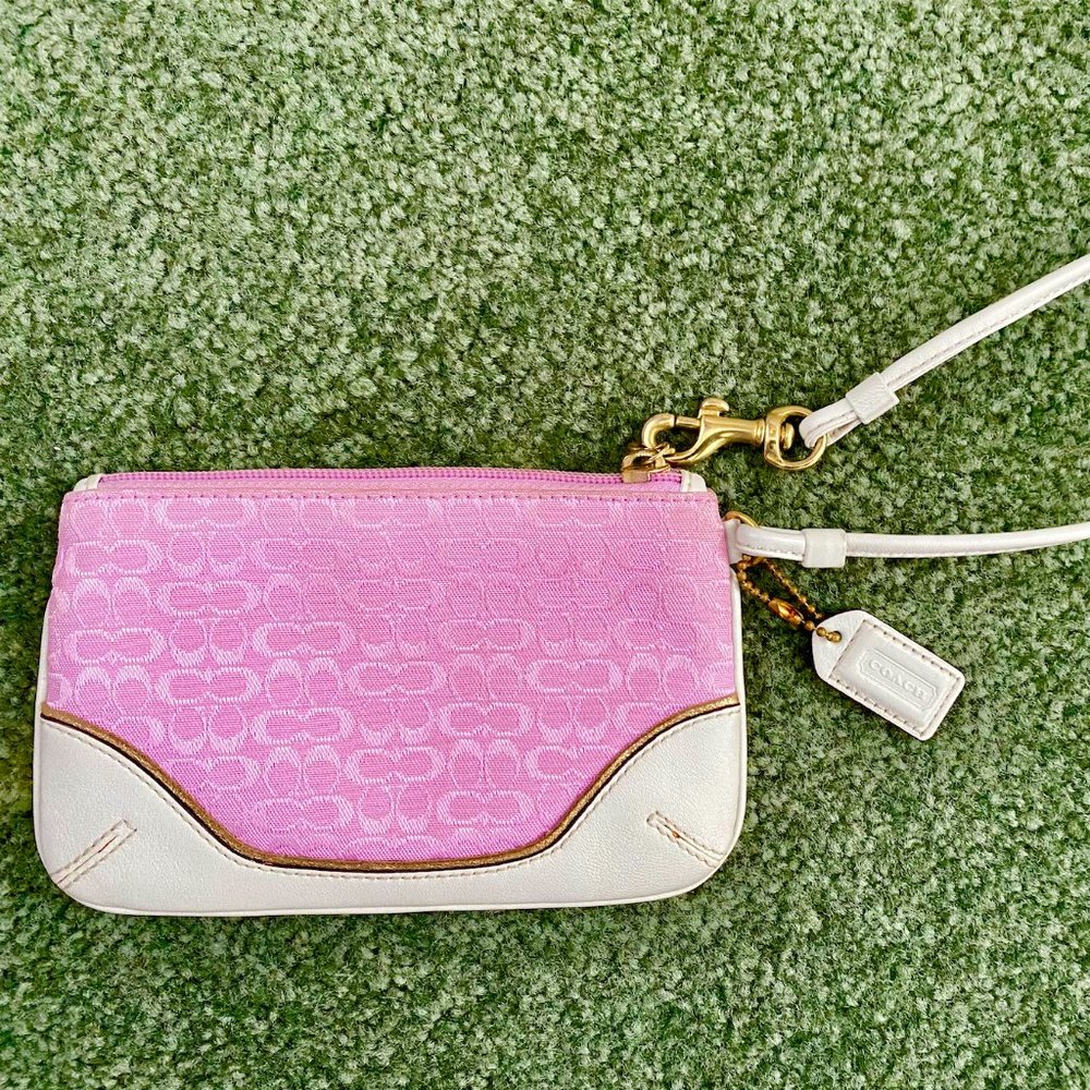 Coach Pink Logo + White Leather Wristlet
